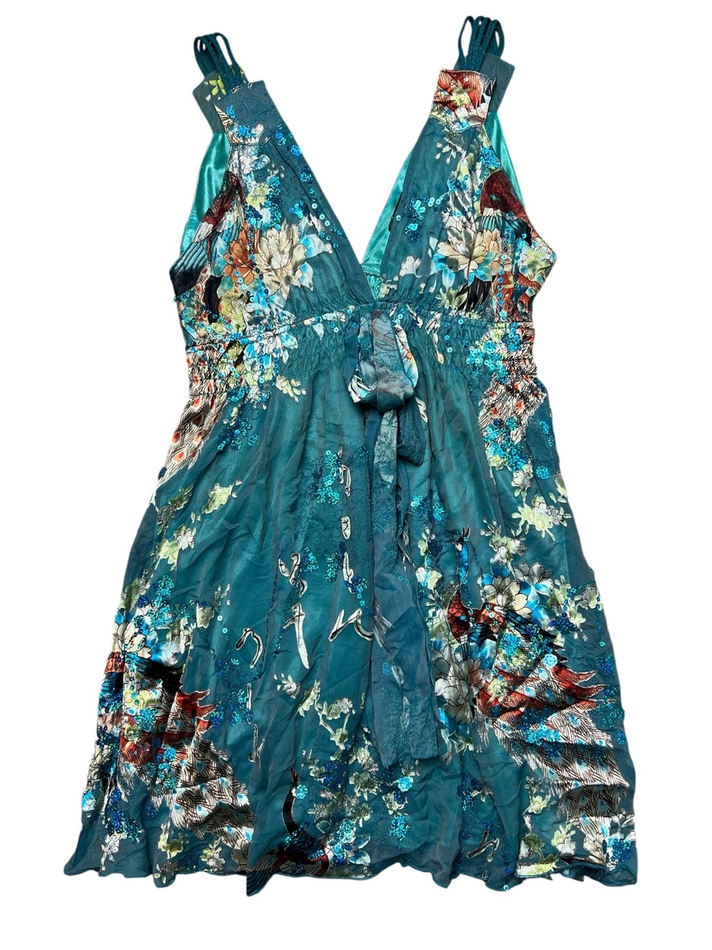 Traffic People Y2K Pure Silk Teal Floral Peacock Runched Mini Dress Size Large